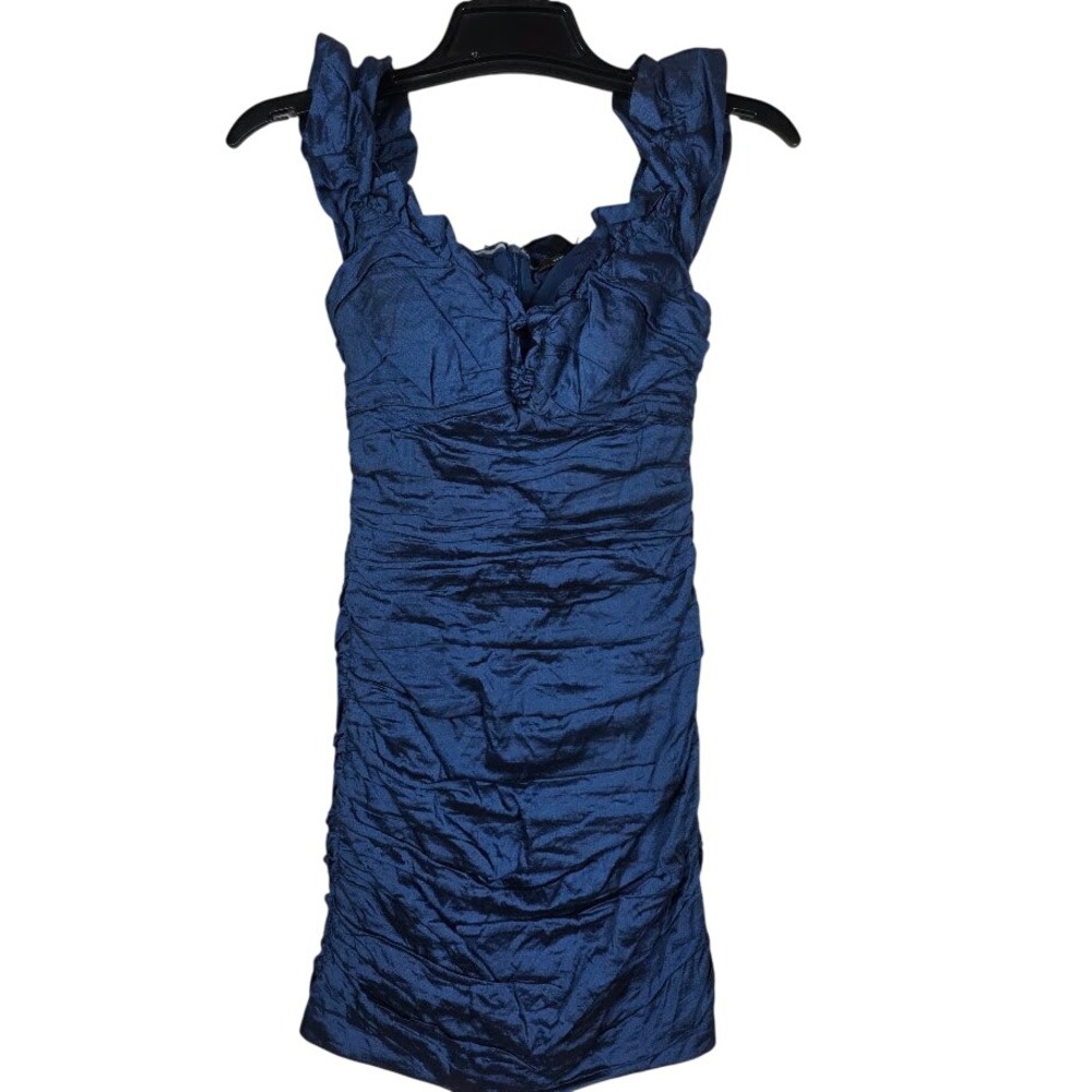 BCBG Cocktail Dress Womens Size 8 Blue Ruched Boning Sleeveless Bodycon Mini
